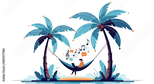 Person working on a laptop while relaxing in a hammock strung between two palm trees on a tropical beach with musical notes floating.