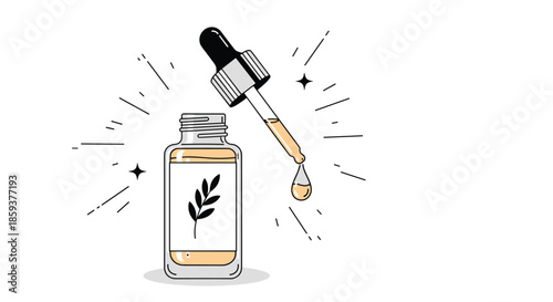 Skincare serum bottle with glass dropper and herbal leaf illustration representing natural beauty and organic cosmetics routine.