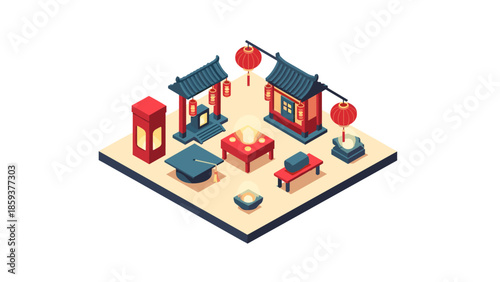 Isometric chinese architecture and decor elements with lanterns and pagodas