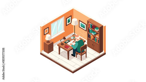 Cozy home office isometric design with bookshelves and desk