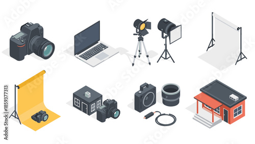Isometric technology and photography equipment set featuring cameras and studio gear