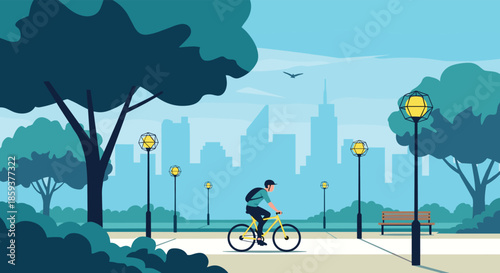 Man riding yellow bicycle through a scenic urban park with city skyline and street lamps in a blue toned landscape illustration.