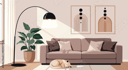 Modern living room interior with brown sofa cat sleeping on rug floor lamp and abstract wall art in a stylish home decor.