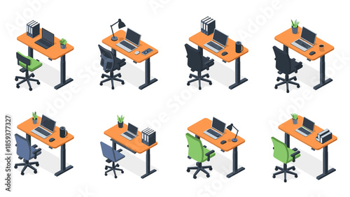 Modern isometric office desks and chairs collection with accessories
