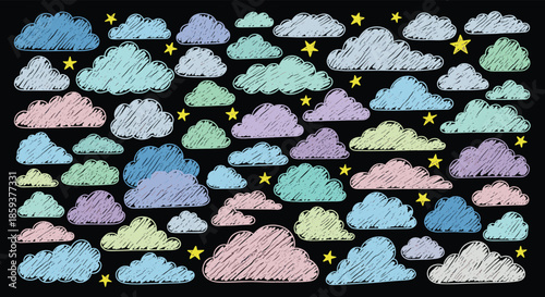 Collection of hand drawn colorful clouds and stars in a sketchbook style on black background for nursery or dream theme design.