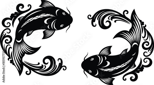 Stylized black and white koi fish swimming in a circular pattern with elegant water splashes and decorative swirls vector art.