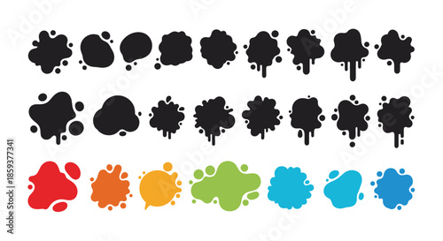 Large set of various liquid splatters drops and ink stains in black and vibrant colors for artistic and messy design effects.