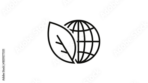 An earth globe icon next to a leaf, in a simple line drawing, on a white background