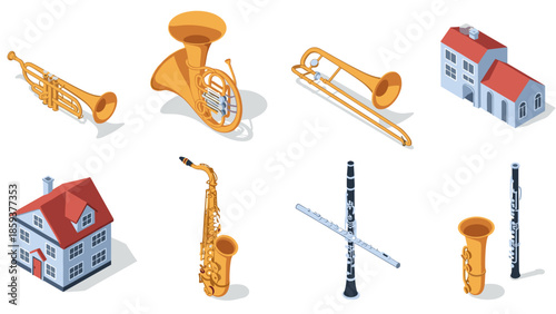 Isometric musical instruments and buildings: trumpet, tuba, and more