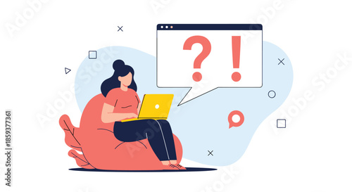 Woman sitting on bean bag working on laptop with question and exclamation marks in speech bubble for problem solving and support.