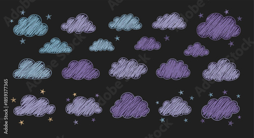 Set of hand drawn fluffy clouds and stars in purple and blue tones on black background for starry night sky illustrations.