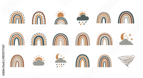 Extensive collection of bohemian style rainbows and celestial weather elements like sun, moon, clouds, and wind in warm earthy tones.