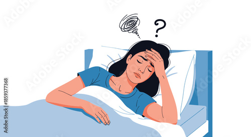 Young woman lying in bed with a headache and fever symptoms with question marks representing health concerns and diagnosis.