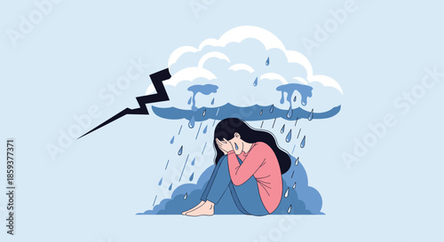 Sad woman sitting alone under a dark storm cloud with rain and lightning representing depression and emotional turmoil.