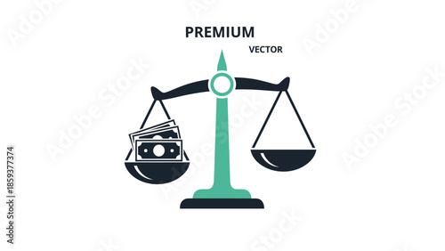 A vector illustration depicts a teal and black balanced scale with cash on one side