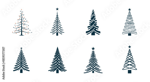 Collection of eight diverse Christmas tree silhouettes featuring various artistic styles, patterns, and star toppers on a plain white background.