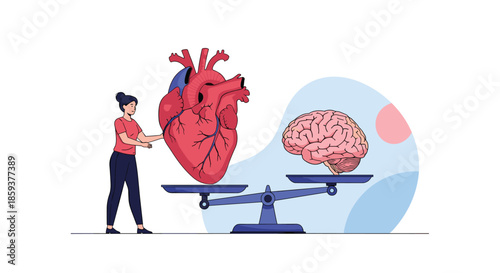 Woman carefully balances a large anatomical heart and a brain on a set of scales, illustrating the conflict between emotion and logic.
