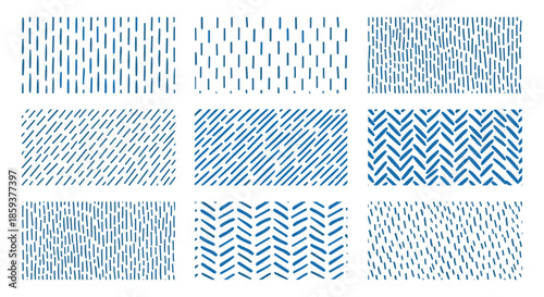Collection of nine blue hand-drawn seamless patterns featuring vertical lines, diagonal dashes, and herringbone textures for various design projects.