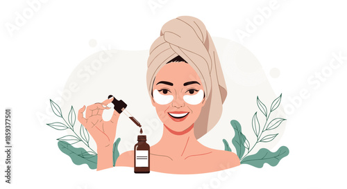Smiling woman with a hair towel and eye patches applies beauty serum from a dropper bottle for her facial routine.