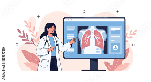Female doctor in a white coat points to a digital lung x-ray scan on a monitor during a medical consultation or lecture.