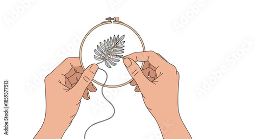 Close-up of hands carefully doing embroidery of a leaf pattern on fabric held in a wooden embroidery hoop with needle and thread.