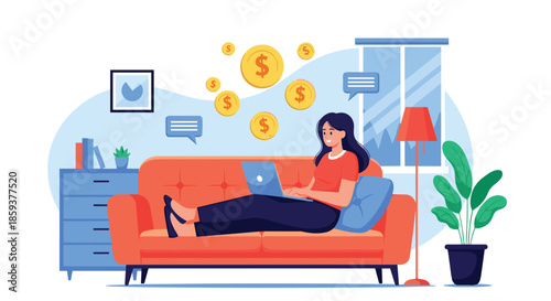 Woman relaxes on an orange sofa while working on a laptop as floating gold coins represent online income or success.