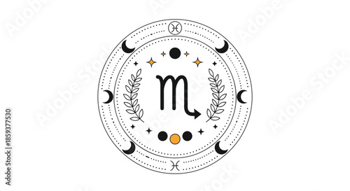 Detailed Scorpio zodiac symbol centered in a celestial circle with moon phases, stars, and decorative symmetrical leaf branches.