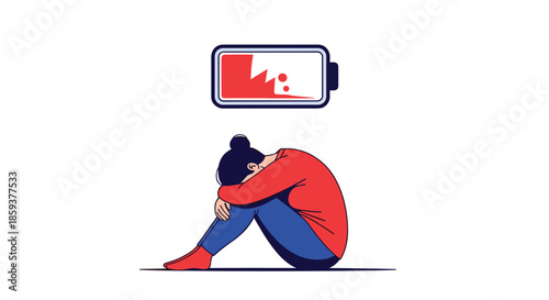Depressed woman sitting on the floor with head down and a broken low energy battery indicator floating above her head.