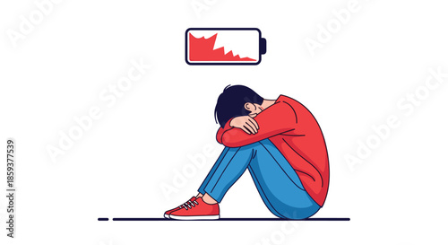 Young man sitting in a sad posture feeling exhausted with a low energy red battery symbol hovering above his dark blue hair.