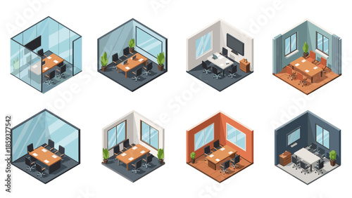 Variety of isometric office room designs with different furniture and layouts