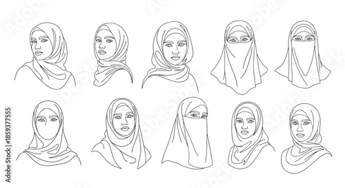 Detailed line art collection showing ten different styles of traditional hijabs and niqabs worn by Muslim women for head covering.
