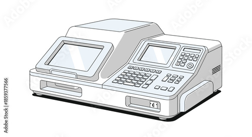 Modern medical laboratory analyzer machine with two screens and a keypad used for diagnostic testing and blood sample analysis.