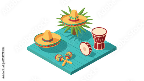 Colorful mexican cultural objects on wooden platform in isometric style
