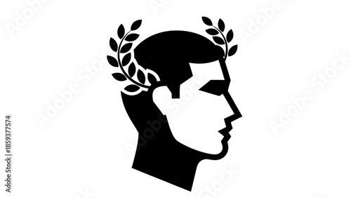 Silhouette of a profile head, crowned with leaves. Monochrome, bold lines on white