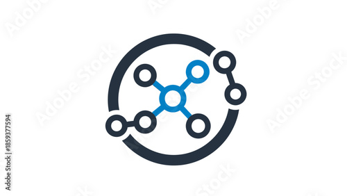 Abstract graphic depicts a network of connected nodes within a circular frame