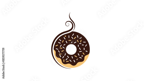 A vector illustration depicts a chocolate donut with sprinkles and steam on a plain white background