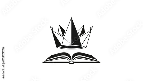 A black and white emblem featuring a crown above an open book on a white background