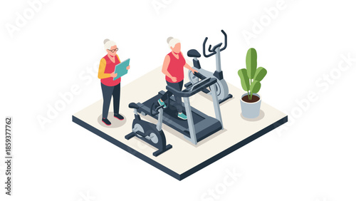 Isometric gym scene with seniors exercising on treadmill and cycling equipment