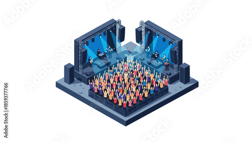 Isometric music festival with energetic crowd and live band on stage