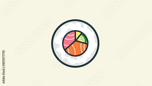 A stylized sushi roll illustration, vibrant colors. Ingredients include fish, avocado, cucumber. Minimalist design