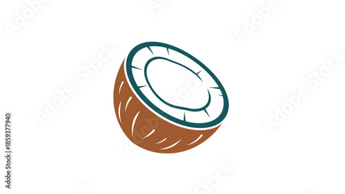 A vector illustration depicts a halved coconut, brown shell, teal inner circle and white background
