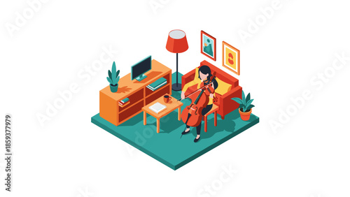 Modern isometric room with cello player and cozy furniture in warm tones