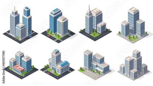 Isometric urban buildings collection: modern architectural designs and diverse structures