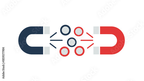 A stylized diagram depicts two magnets attracting circles, representing a force