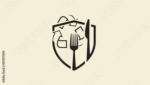 A stylized black and white emblem of recycling and cutlery on a cream background