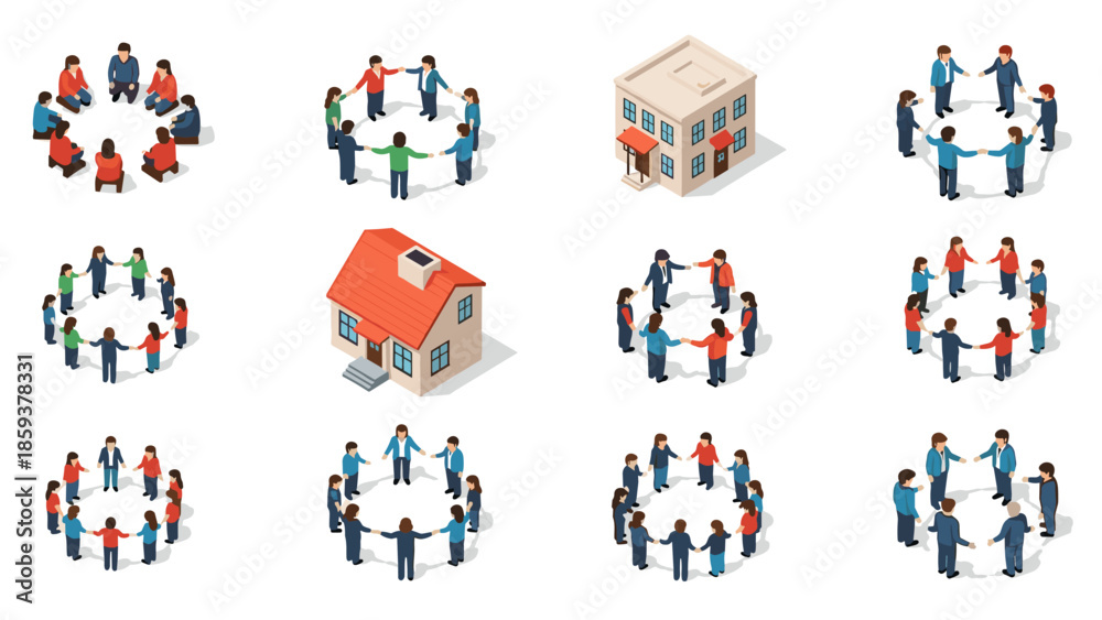 Fototapeta premium Isometric group collaboration and community meeting with buildings and people in circles