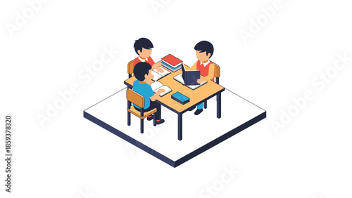 Students collaborating at table in isometric style