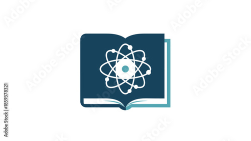 Illustration of a teal book with white atom symbol on the pages, set on a white background
