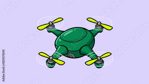 Green Drone with Yellow Propellers Flying in the Air.