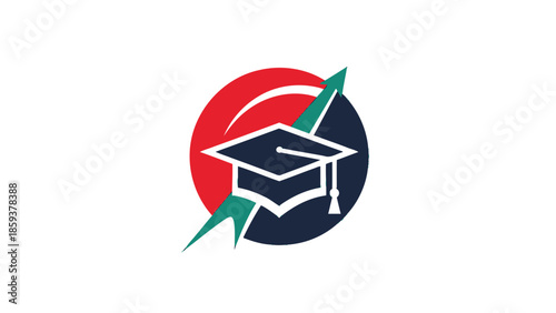 A minimalist icon showing a mortarboard hat within a circle, with an upward arrow